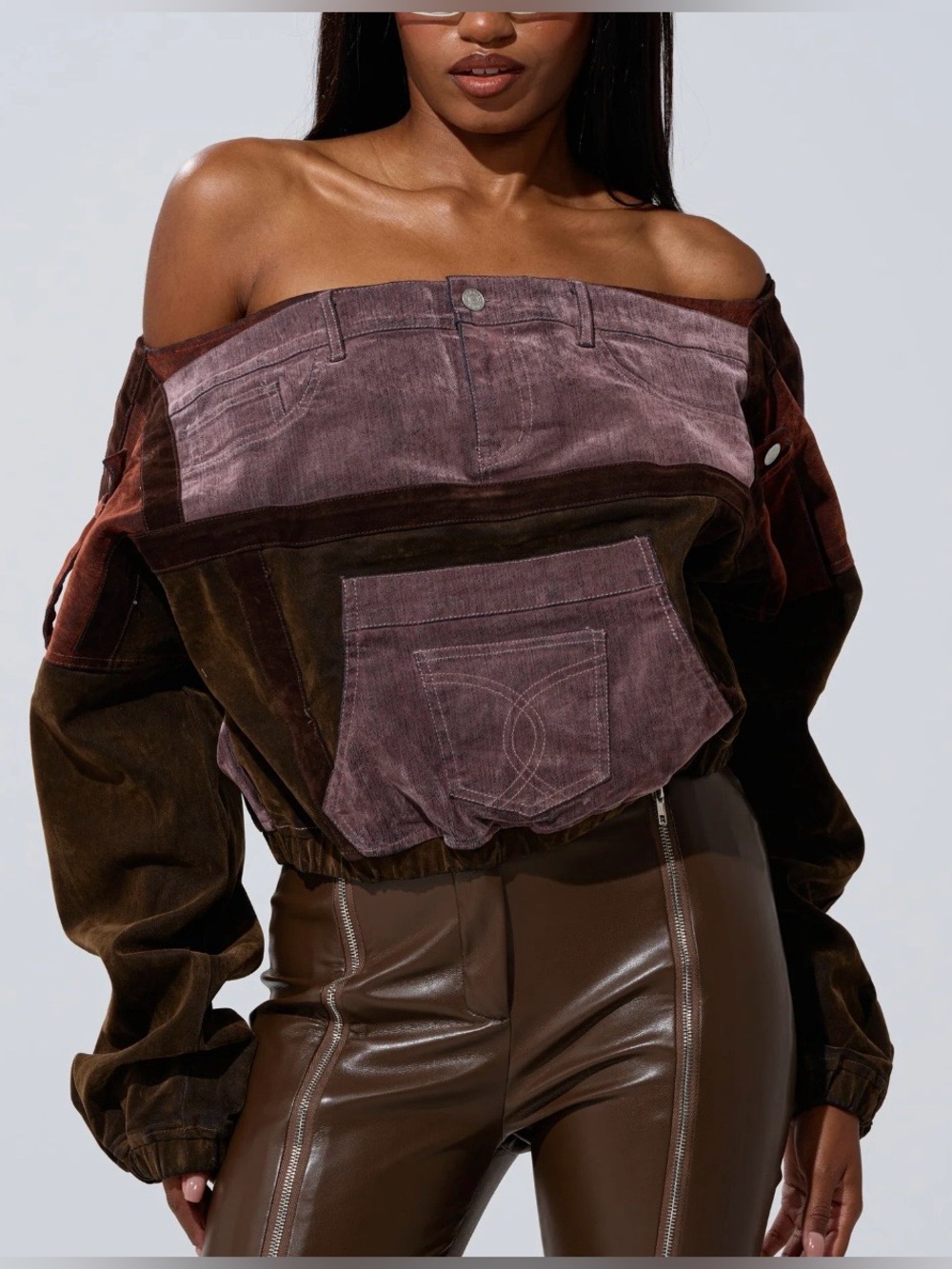 NWT AKIRA Off-Shoulder Colorblock velour  sweatshirt in Plum Chocolate size XL